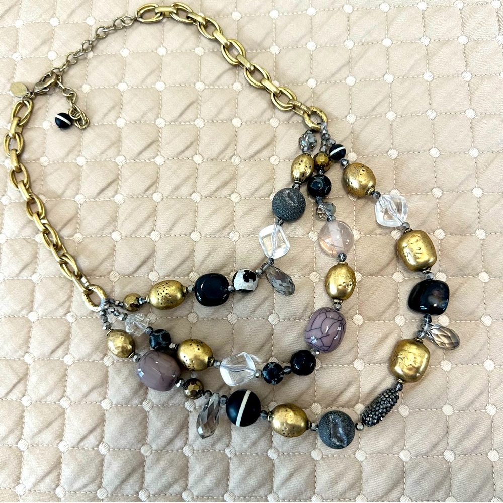 Three Strand large multiple beads gold adjustable necklace